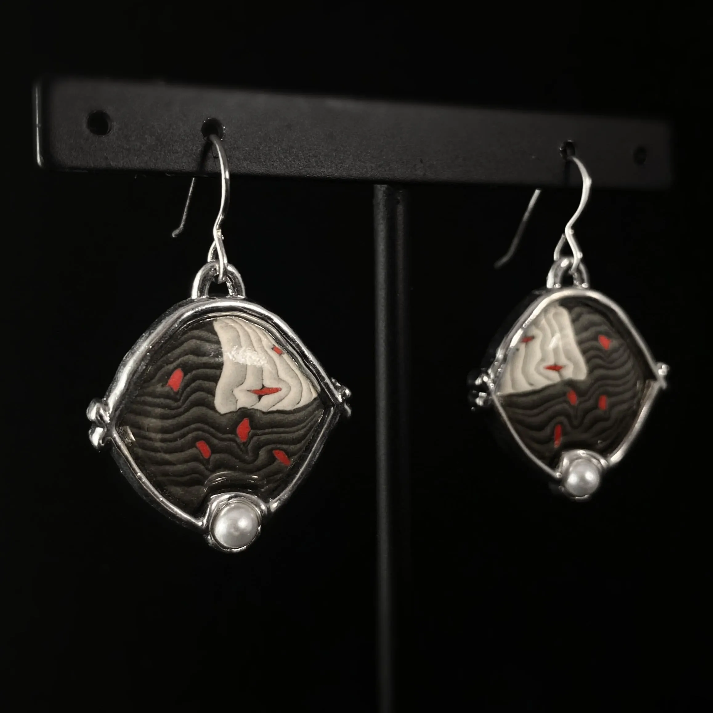 Handmade Millefiori Porcelain Red Specks Framed Drop Earrings, Handmade - Blue Studio