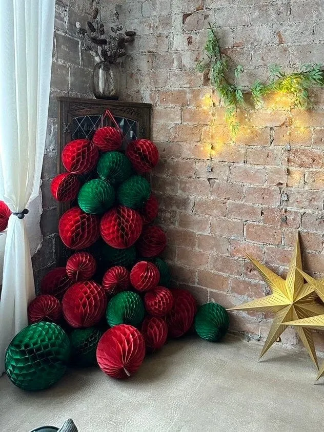 Holiday green and deep red  paper honeycomb balls party decorations set Christmas decorations home decor wedding baby shower office decor