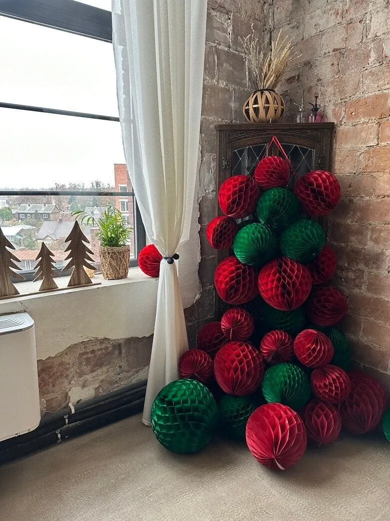 Holiday green and deep red  paper honeycomb balls party decorations set Christmas decorations home decor wedding baby shower office decor