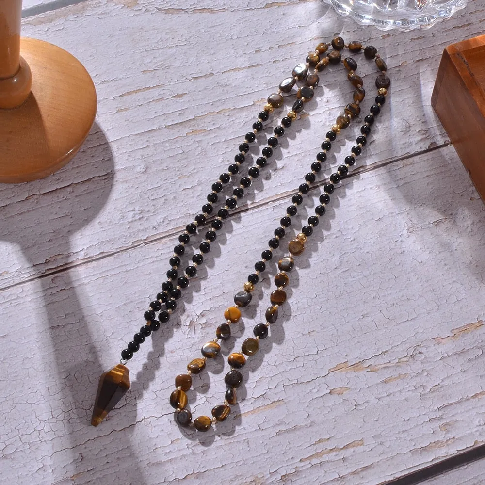 Irregular Yellow Tiger Eye Black Onyx Beads Knotted 108 Mala Necklace