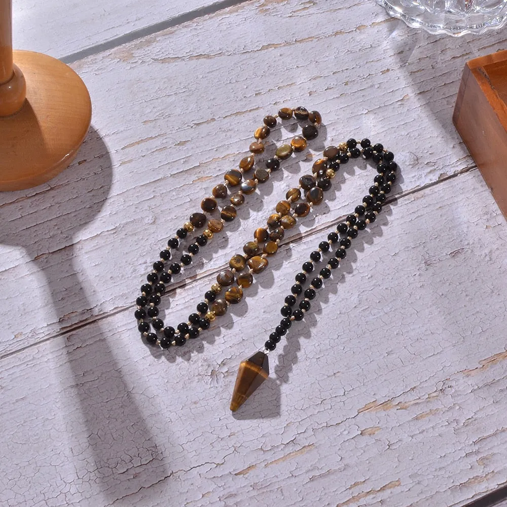 Irregular Yellow Tiger Eye Black Onyx Beads Knotted 108 Mala Necklace