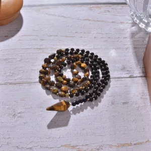 Irregular Yellow Tiger Eye Black Onyx Beads Knotted 108 Mala Necklace