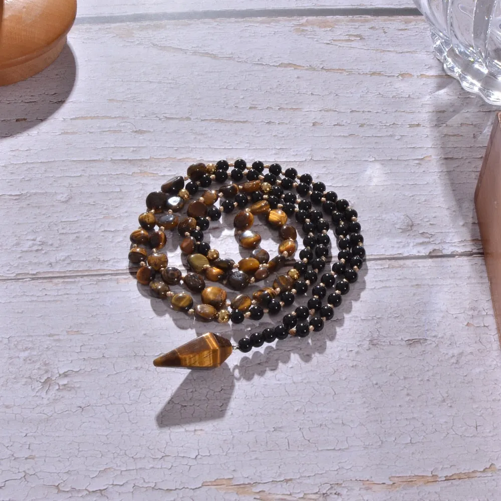 Irregular Yellow Tiger Eye Black Onyx Beads Knotted 108 Mala Necklace