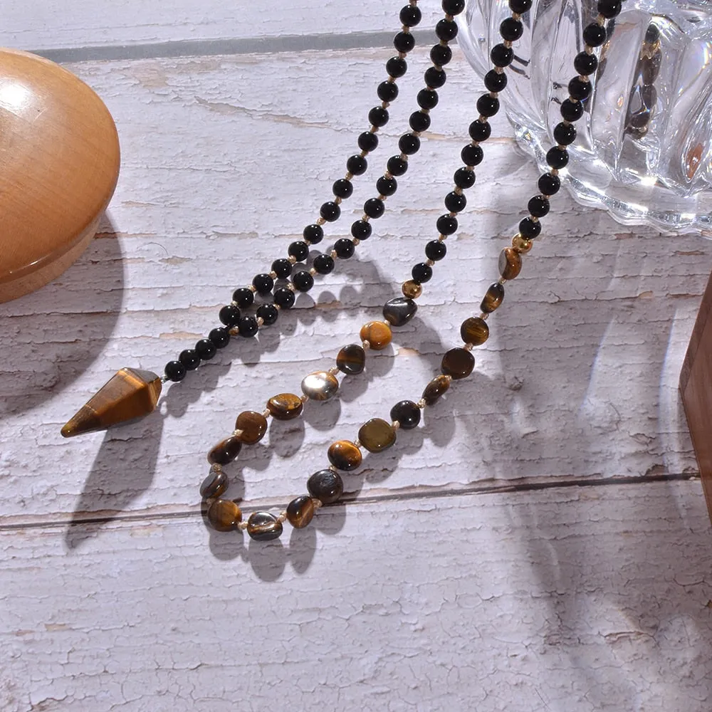 Irregular Yellow Tiger Eye Black Onyx Beads Knotted 108 Mala Necklace