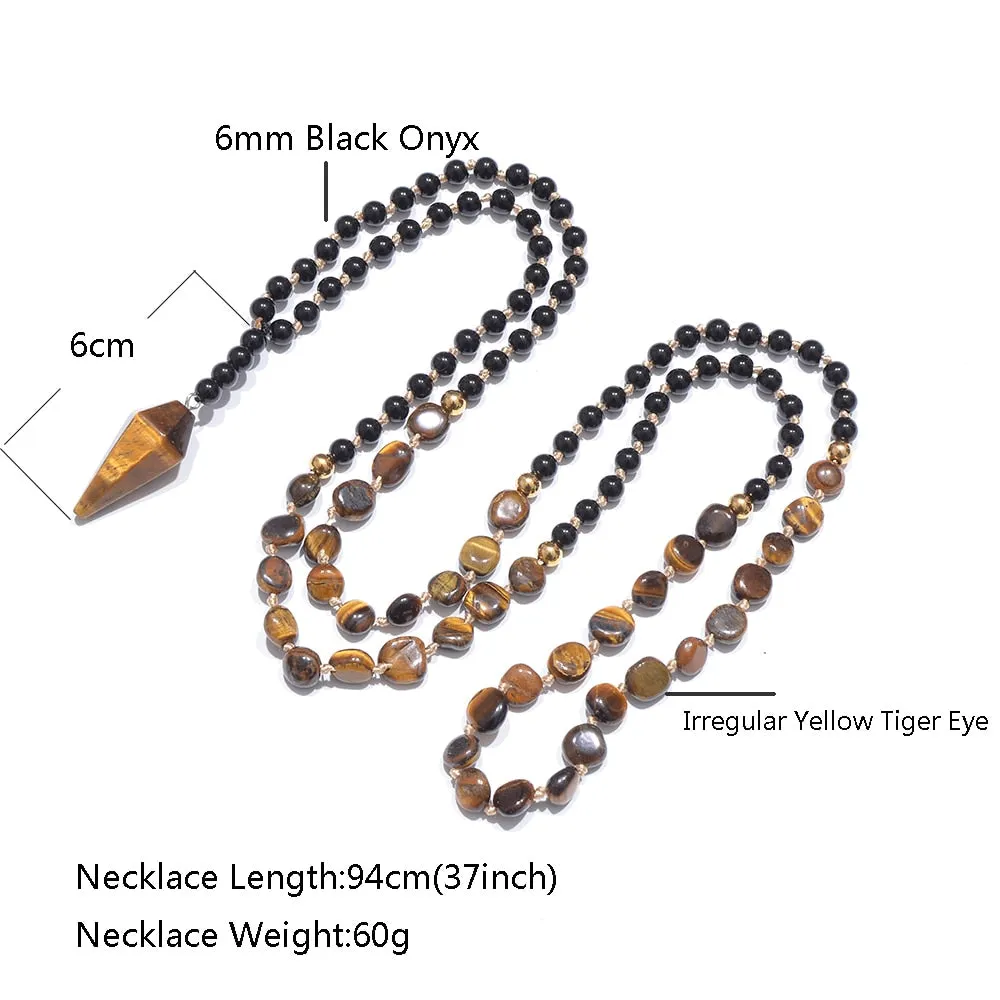 Irregular Yellow Tiger Eye Black Onyx Beads Knotted 108 Mala Necklace