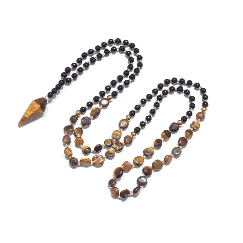 Irregular Yellow Tiger Eye Black Onyx Beads Knotted 108 Mala Necklace