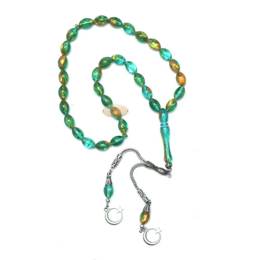 Islamic Prayer Beads Small 33-Ct Tasbih 7X11-mm Oval Acrylic Translucent Marbled Turquoise Blue Green Gold From Konya Silver Kizilay Charms