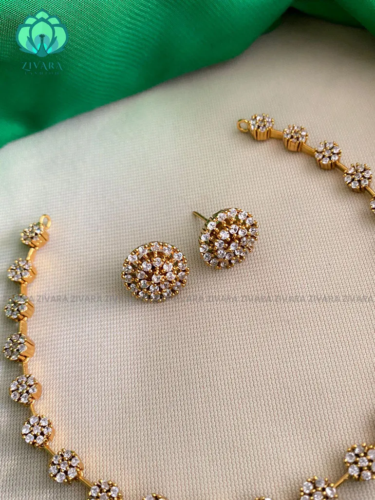Kids friendly Simple floral white stone neckwear with earrings- Zivara Fashion