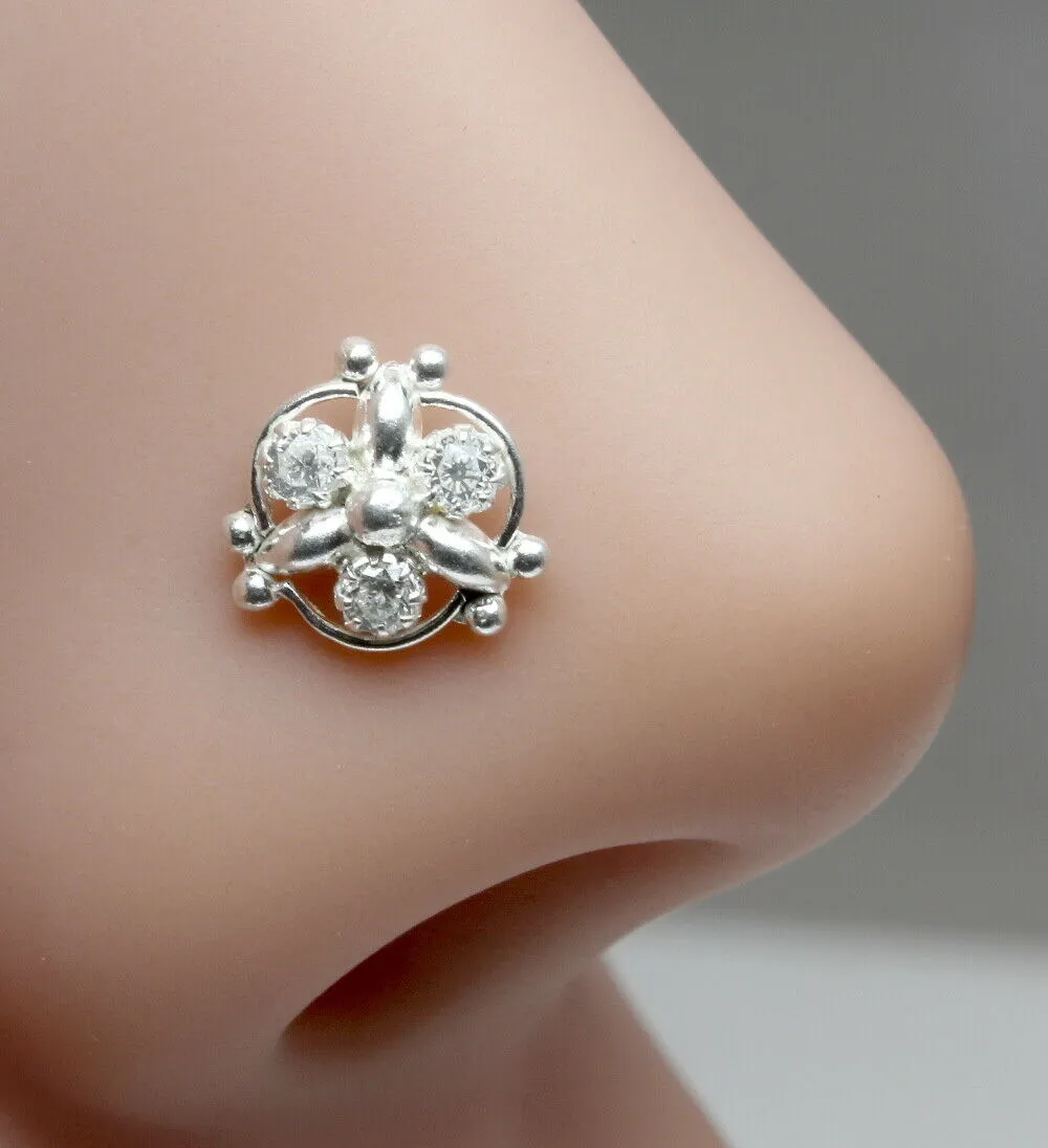 Latest Design Sterling Silver Nose pin with White stone with Push Pin