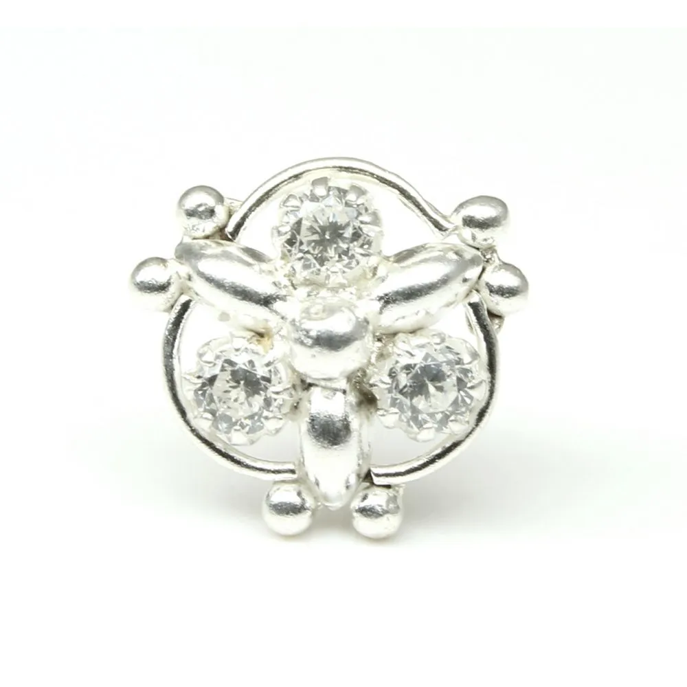 Latest Design Sterling Silver Nose pin with White stone with Push Pin