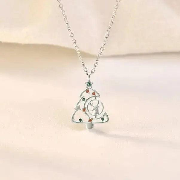 LOVCIA Colorful CZ Christmas Tree Elk Deer 925 Sterling Silver Necklace