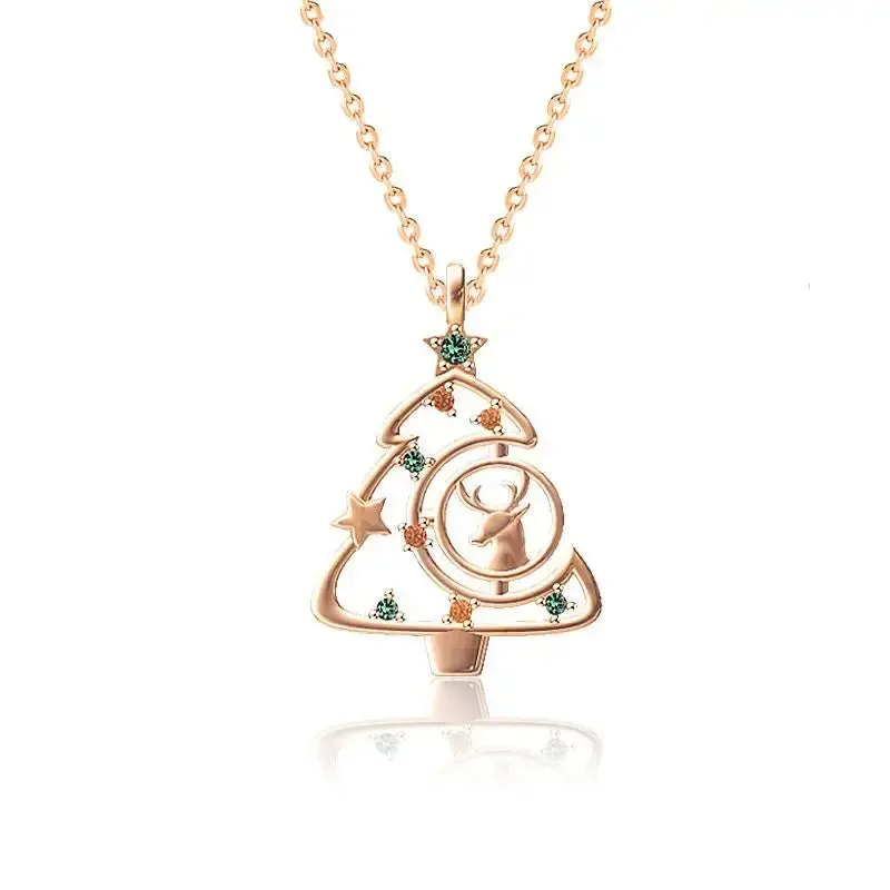 LOVCIA Colorful CZ Christmas Tree Elk Deer 925 Sterling Silver Necklace