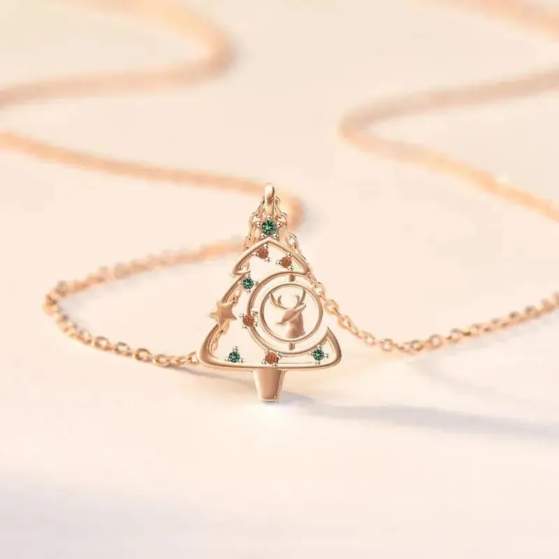 LOVCIA Colorful CZ Christmas Tree Elk Deer 925 Sterling Silver Necklace