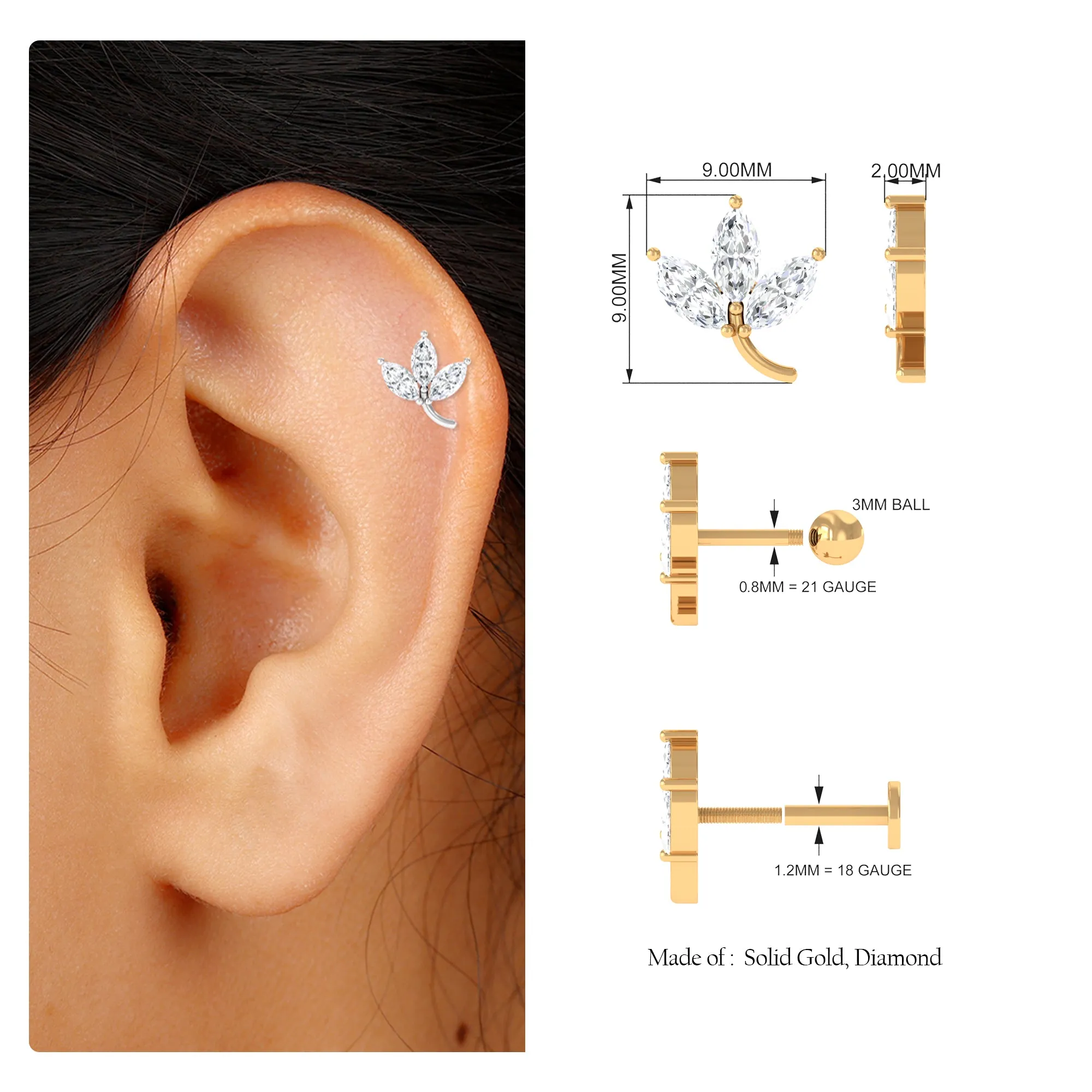 Marquise Moissanite Leaf Cartilage Earring