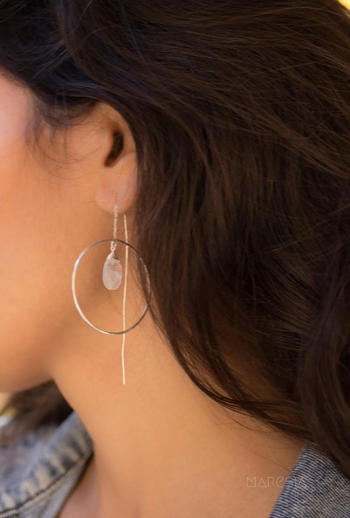 Moonstone Threader Earrings ~ Silver Plated~ME101