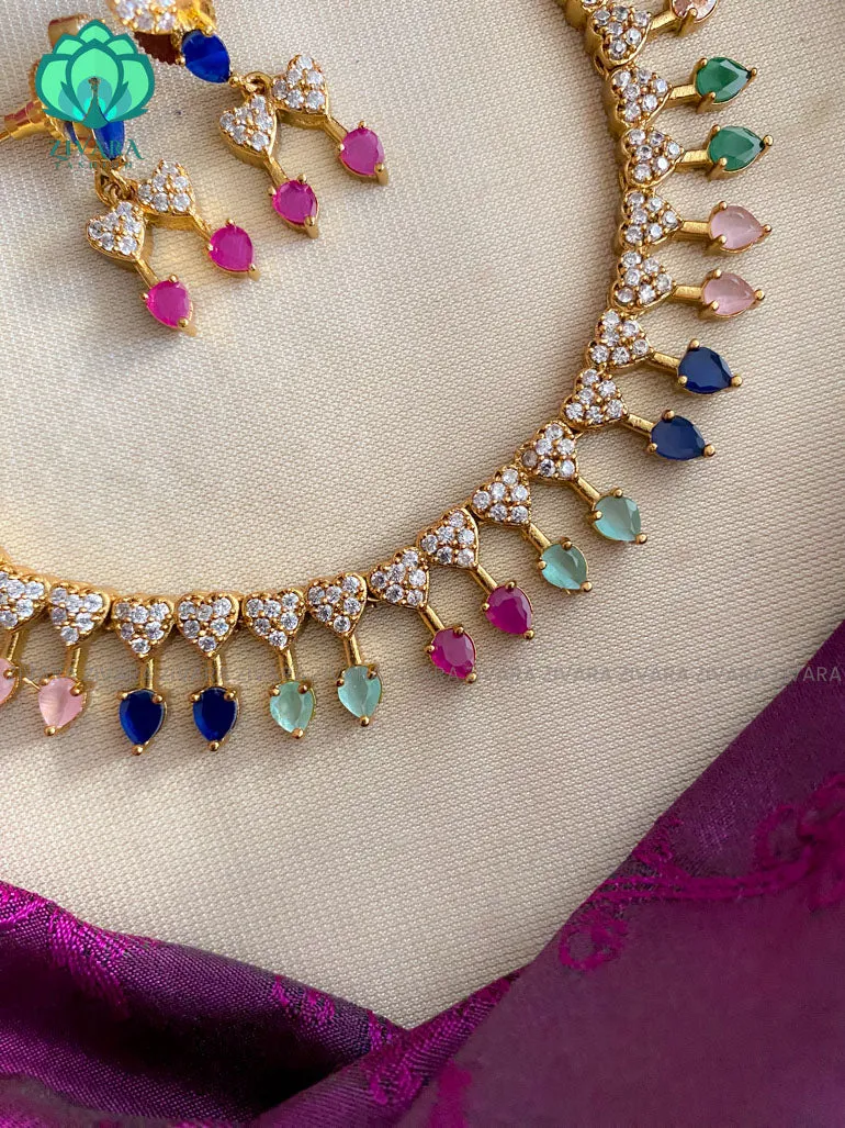 Multicolour stone elegant necklace with earrings CZ matte Finish- Zivara Fashion