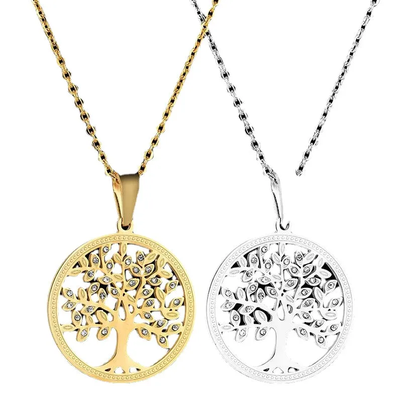 O word chain Hollow Tree of Life Necklace Ladies Titanium Steel Round Pendant Accessories