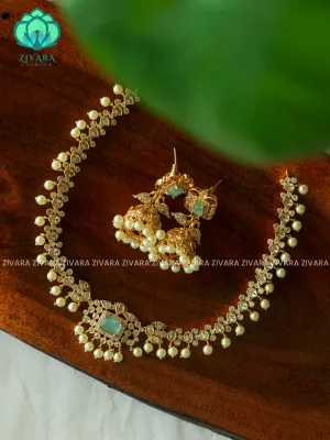 PASTEL GREEN - MEDIUM SIZE UNCUT POLKI - stylish and minimal elegant neckwear with earrings- Zivara Fashion