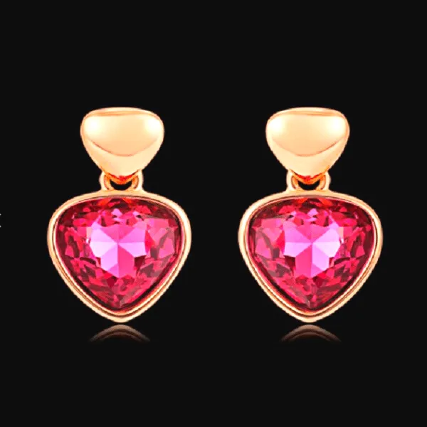 Petite Red Rhinestone Rose Gold Heart Drop Dangling Earrings