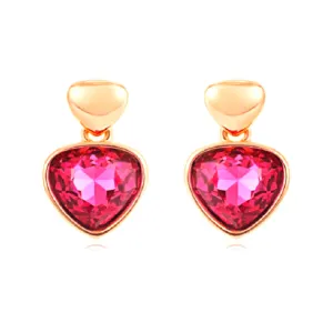Petite Red Rhinestone Rose Gold Heart Drop Dangling Earrings