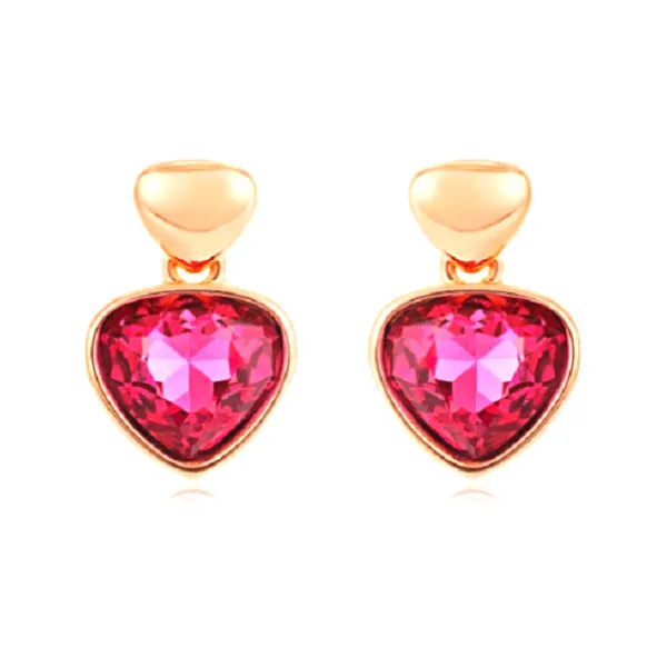 Petite Red Rhinestone Rose Gold Heart Drop Dangling Earrings