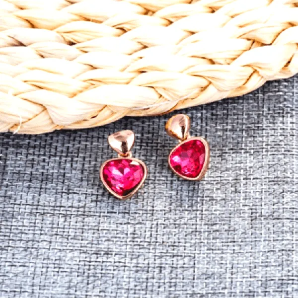 Petite Red Rhinestone Rose Gold Heart Drop Dangling Earrings