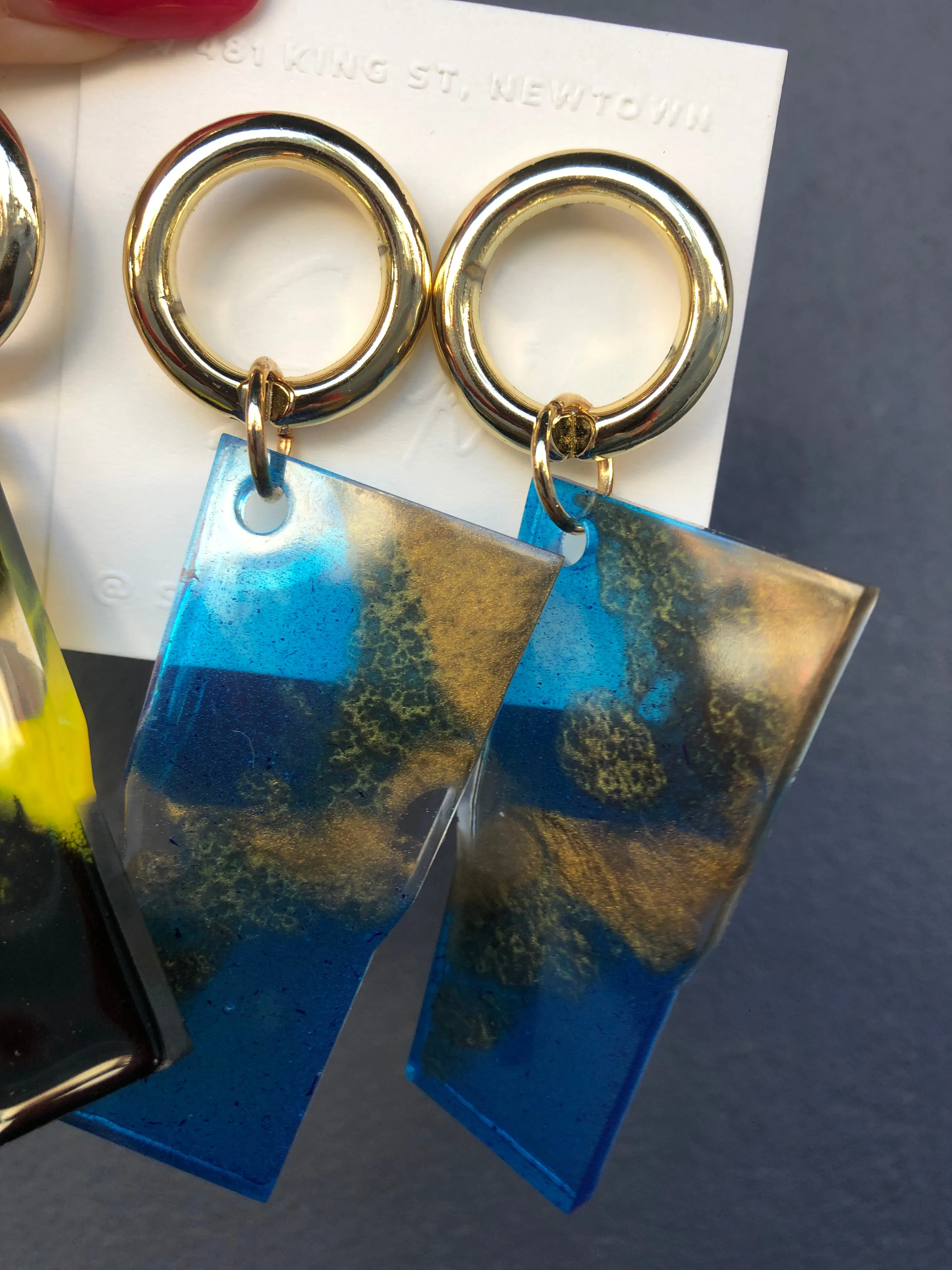 Rectangle Pattern Resin Yellow Black / Blue Gold Earrings