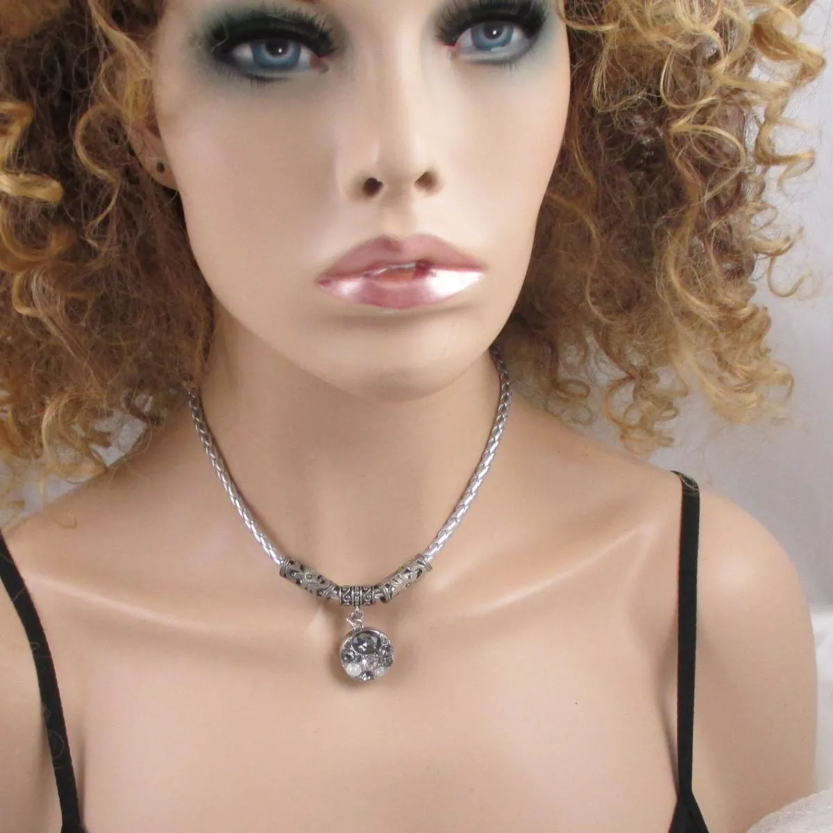Silver Braided Leather Necklace with Shades of Grey Pendant
