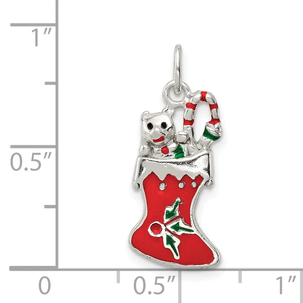 Silver Polish Enamel Christmas Stocking Pendant