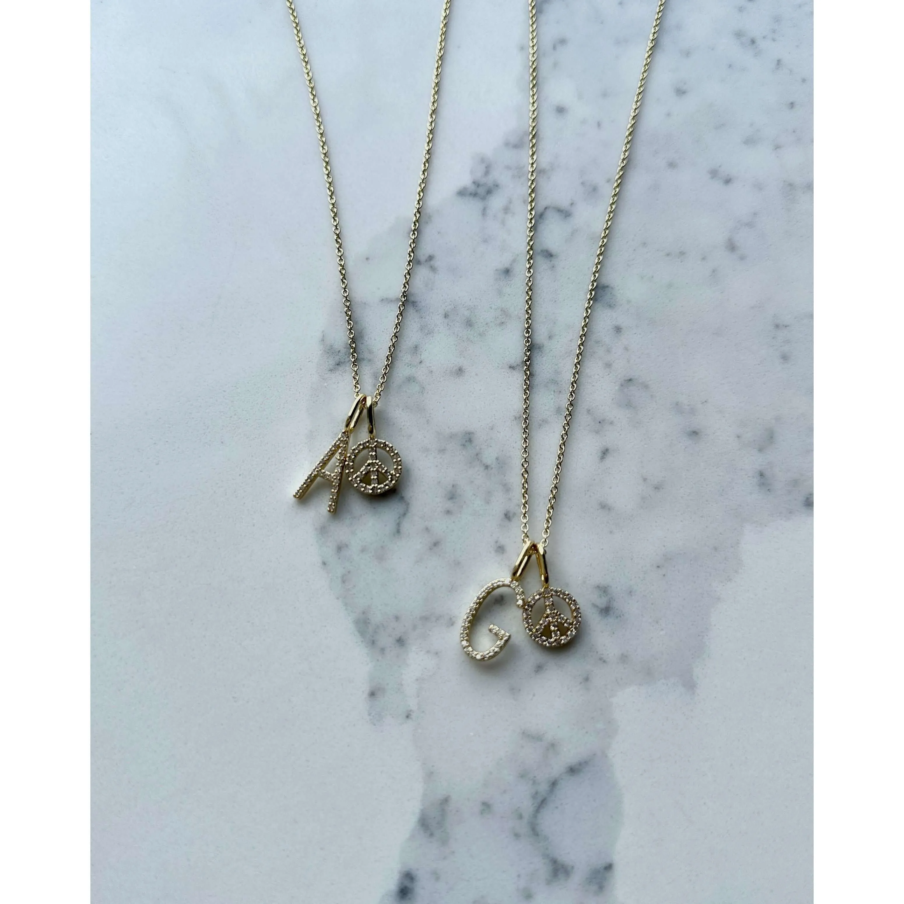 Skinny Curb Necklace with Pave Initial & Peace Charm