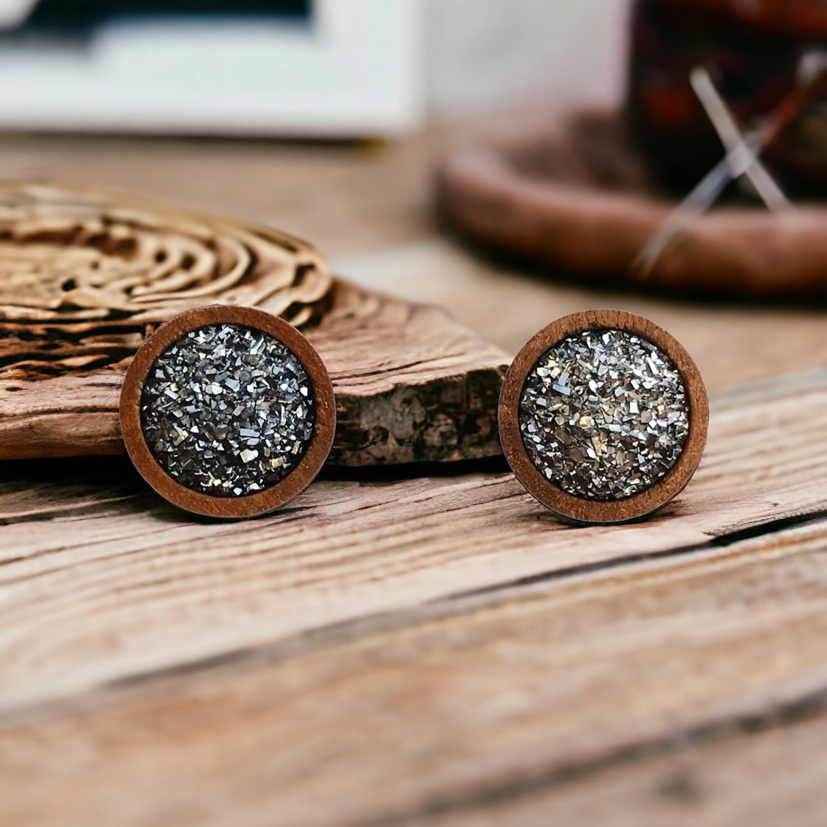 Slate Gray Druzy Wood Stud Earrings - Elegant & Natural Accessories