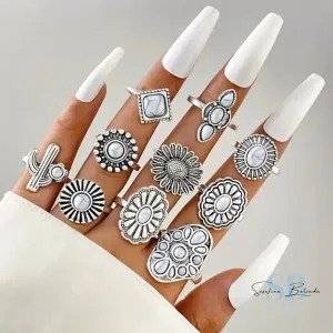 Southwest Cactus Silver and Pearl Boho Ring Set