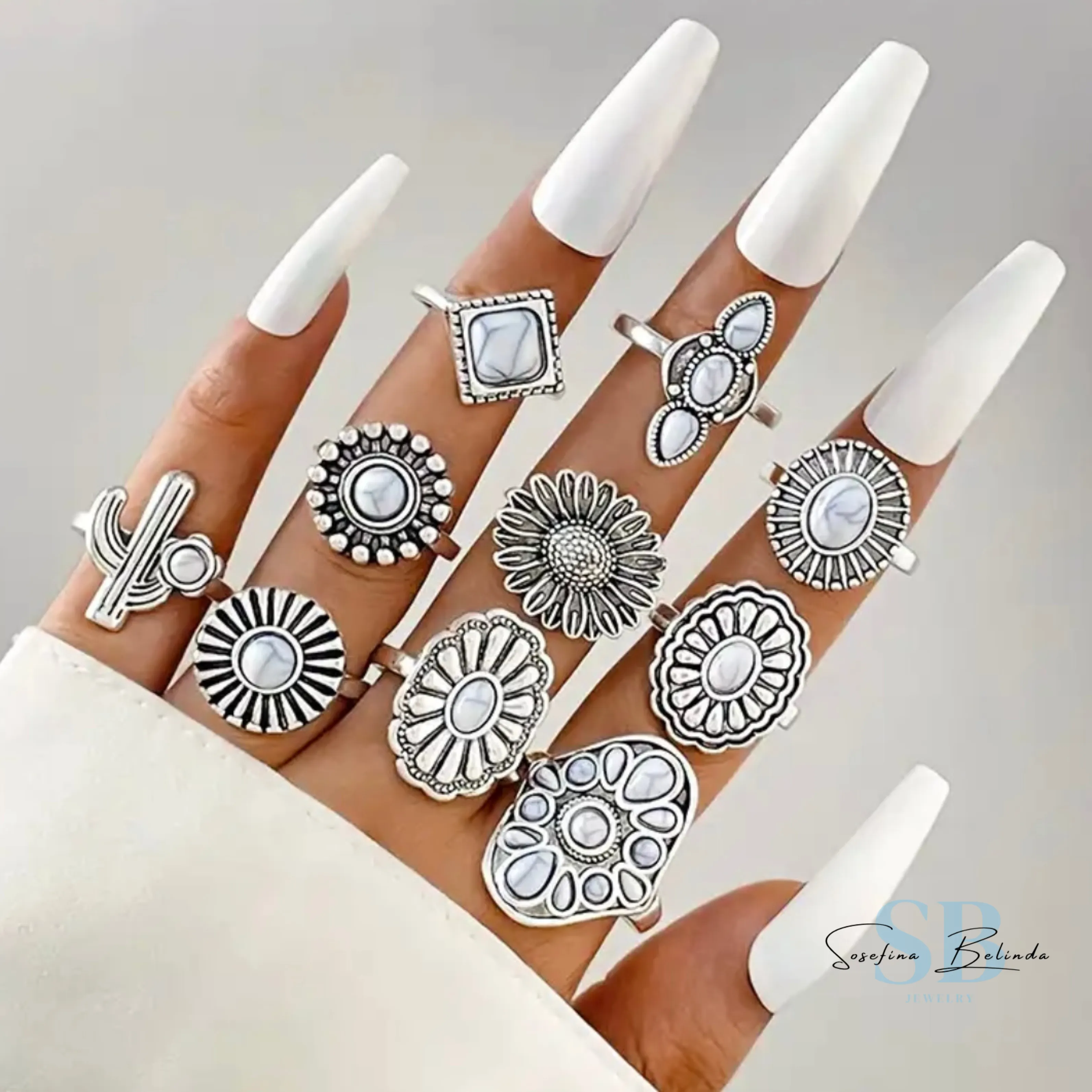 Southwest Cactus Silver and Pearl Boho Ring Set