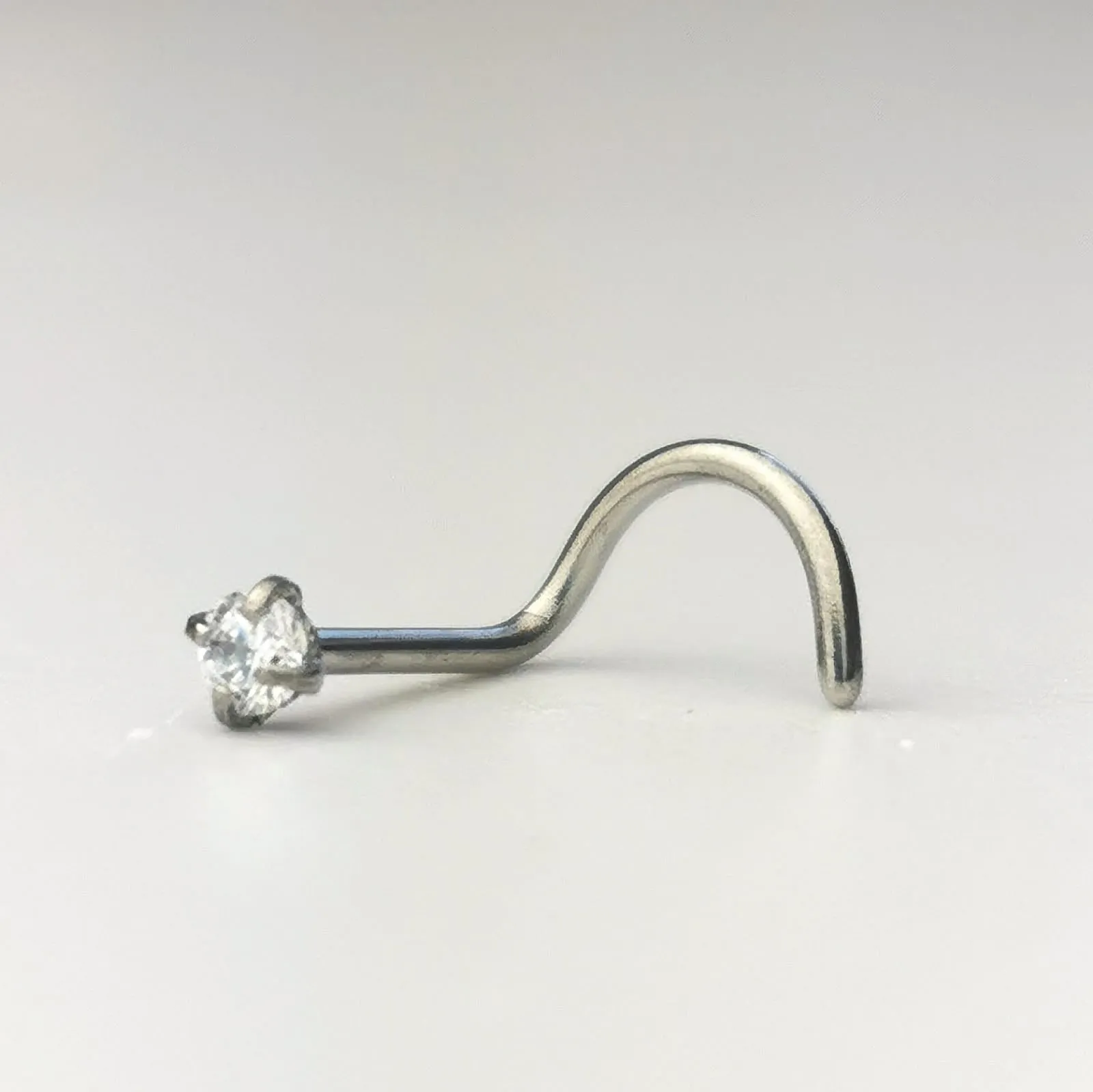 Stainless Steel Nose Stud Clear Crystal, corkscrew end.