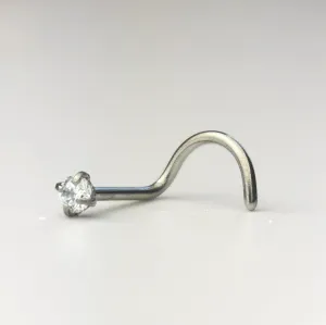 Stainless Steel Nose Stud Clear Crystal, corkscrew end.