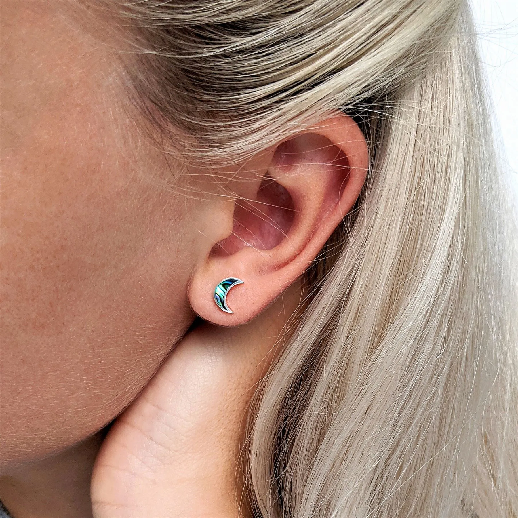 Sterling Silver Abalone Crescent Moon Stud Earrings - Celestial Studs