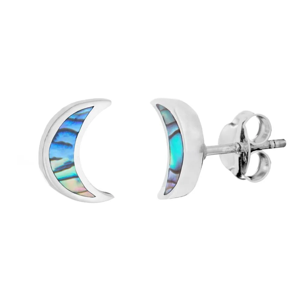 Sterling Silver Abalone Crescent Moon Stud Earrings - Celestial Studs
