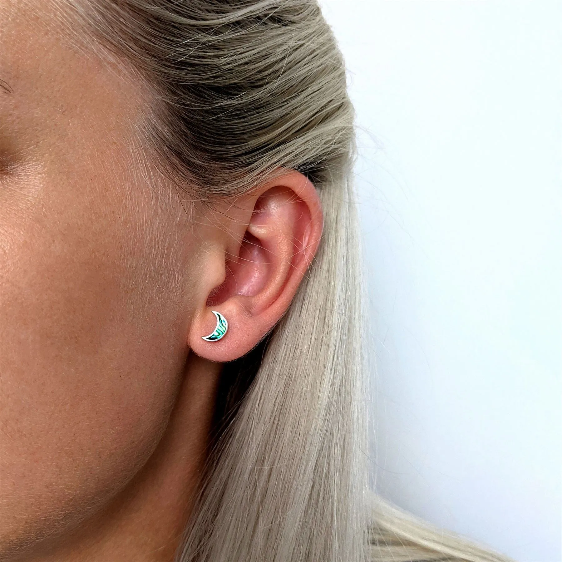 Sterling Silver Abalone Crescent Moon Stud Earrings - Celestial Studs