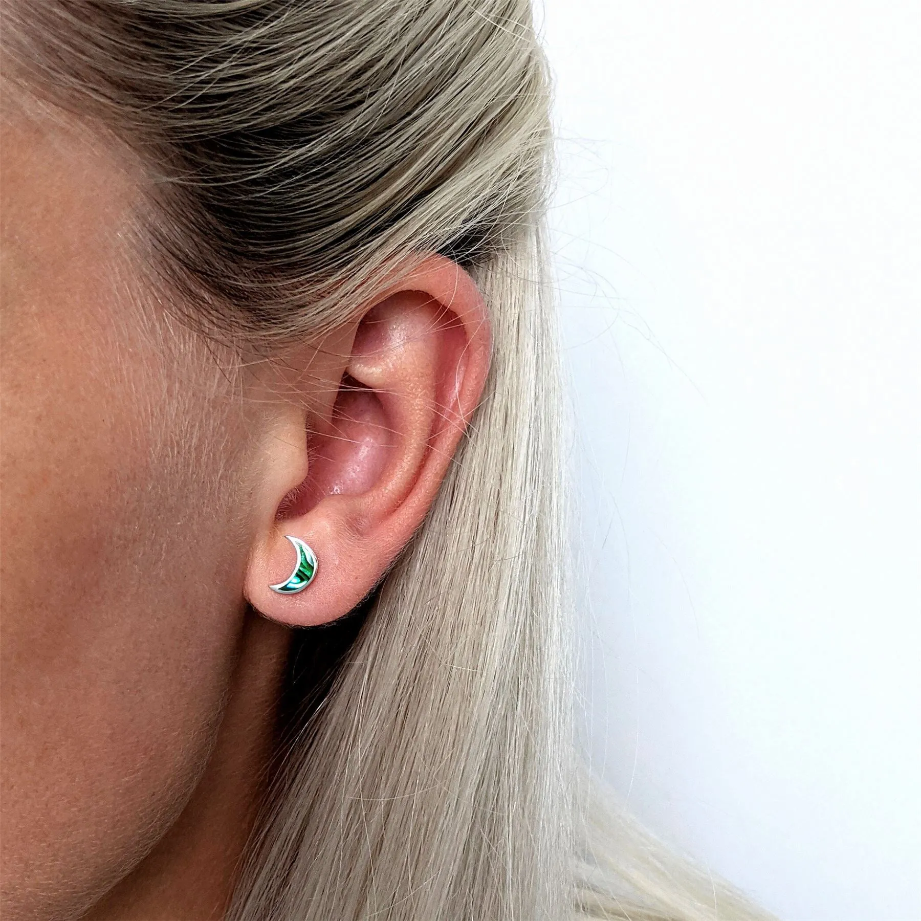 Sterling Silver Abalone Crescent Moon Stud Earrings - Celestial Studs