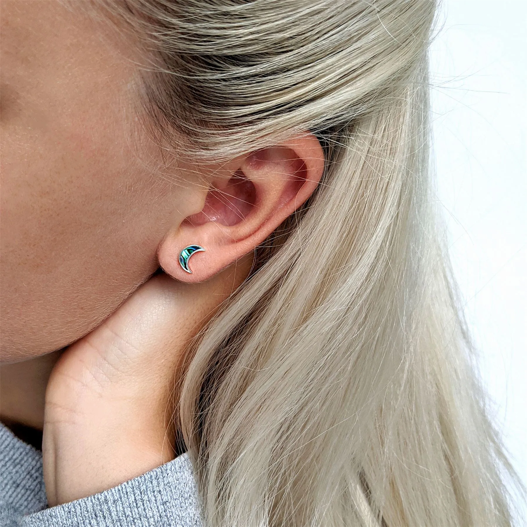 Sterling Silver Abalone Crescent Moon Stud Earrings - Celestial Studs