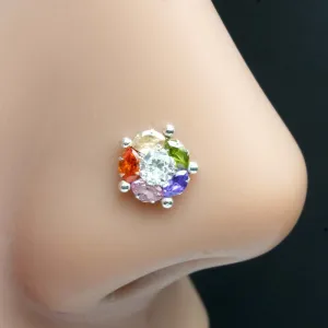 Sterling Silver Nose pin Rainbow with Push Pin