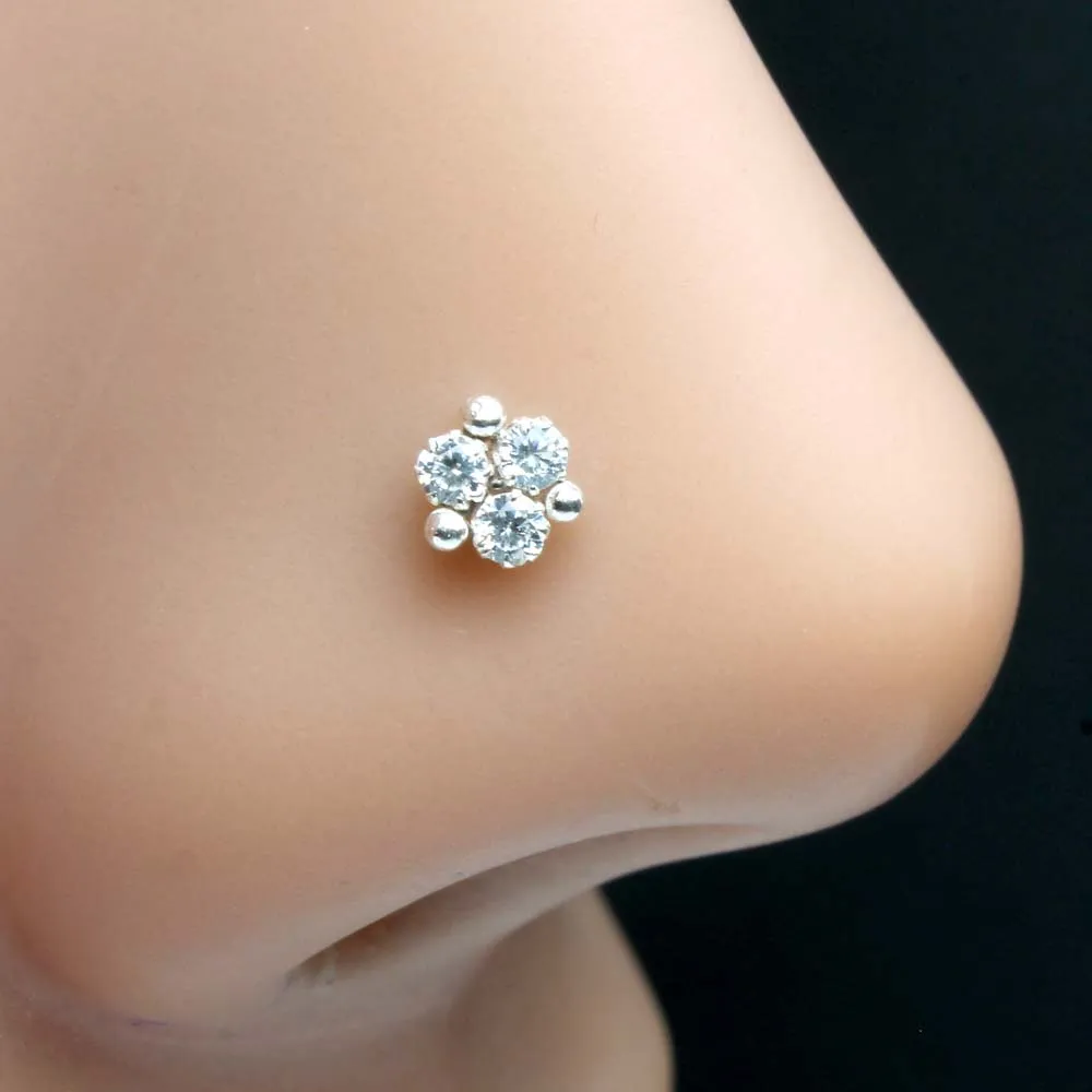 Sterling Silver Nose pin with White stones