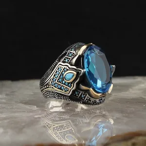 Turkish Aquamarine Stone Men's Ring Handmade Special Design