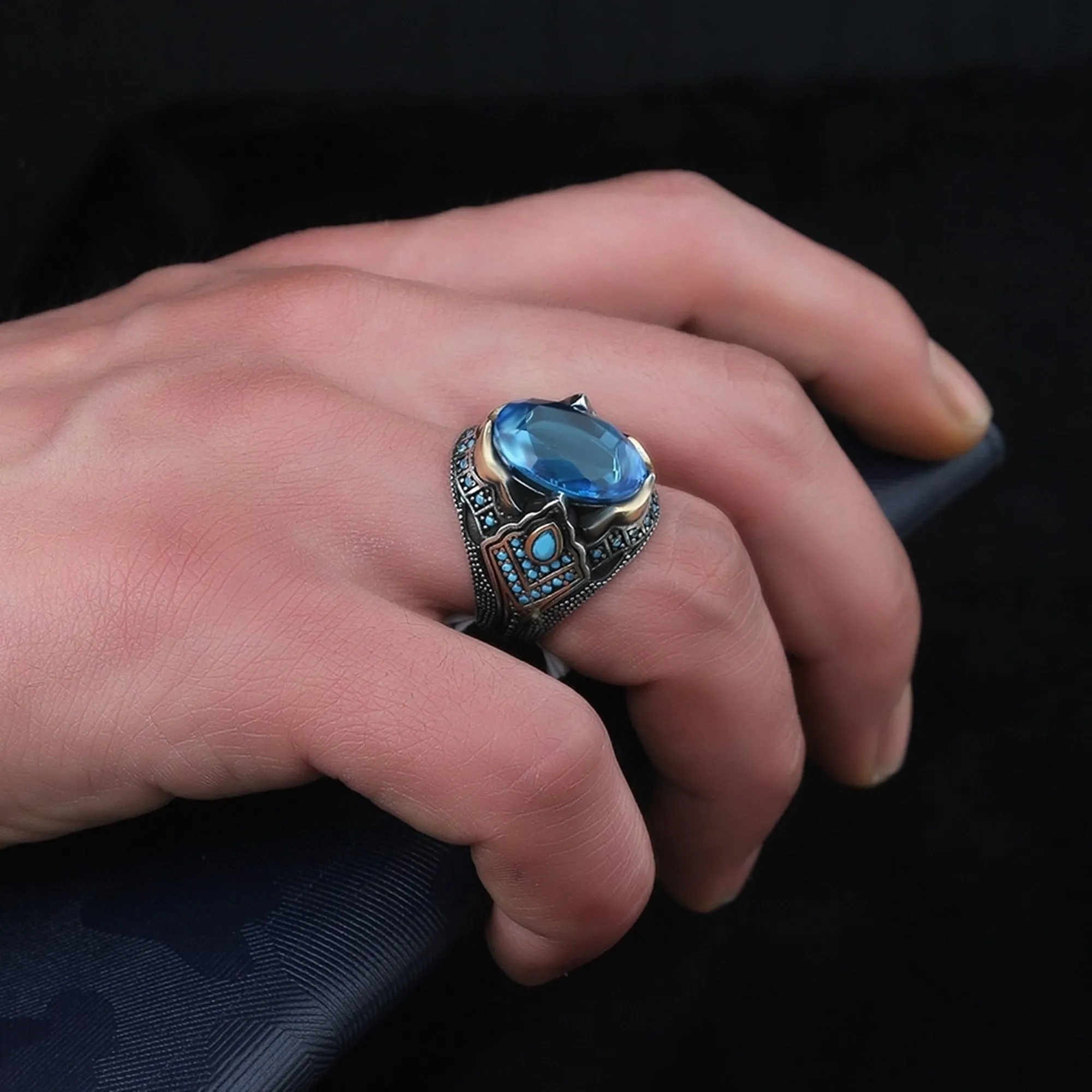 Turkish Aquamarine Stone Men's Ring Handmade Special Design