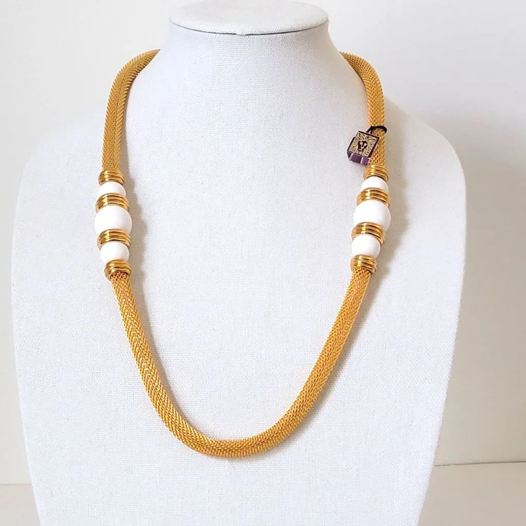 Vintage Anne Klein Gold Tone Mesh Necklace with White Bead