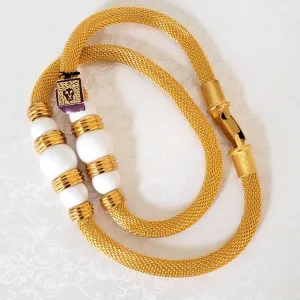 Vintage Anne Klein Gold Tone Mesh Necklace with White Bead