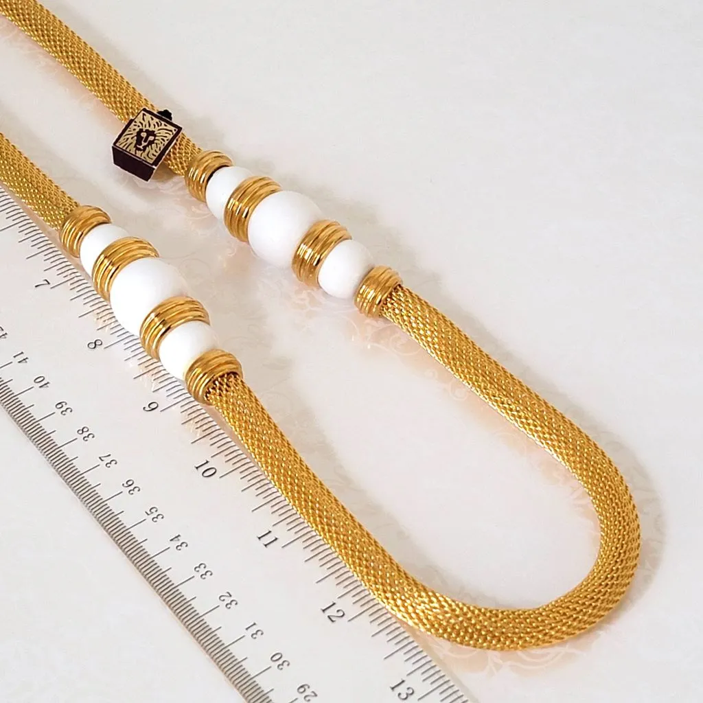 Vintage Anne Klein Gold Tone Mesh Necklace with White Bead