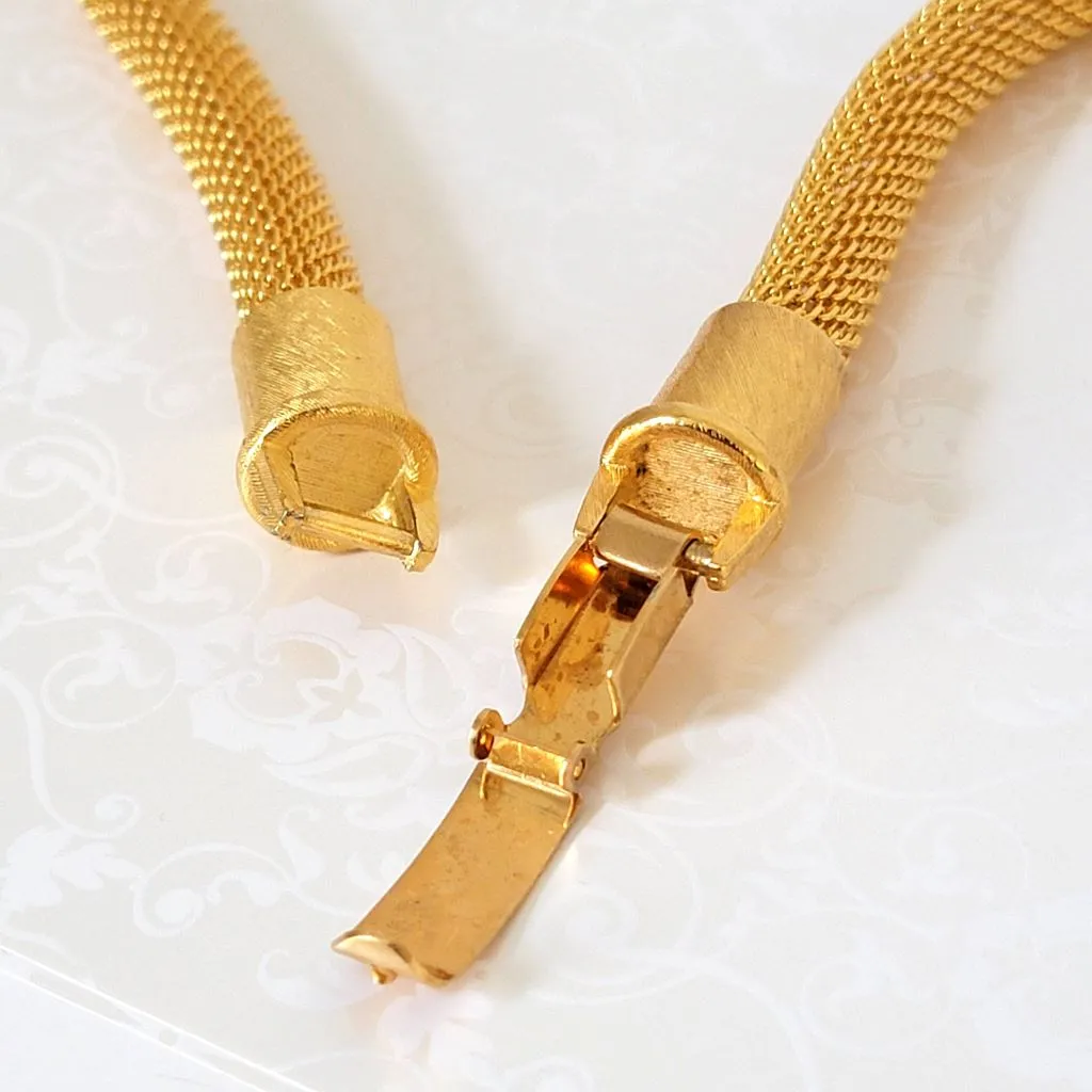 Vintage Anne Klein Gold Tone Mesh Necklace with White Bead