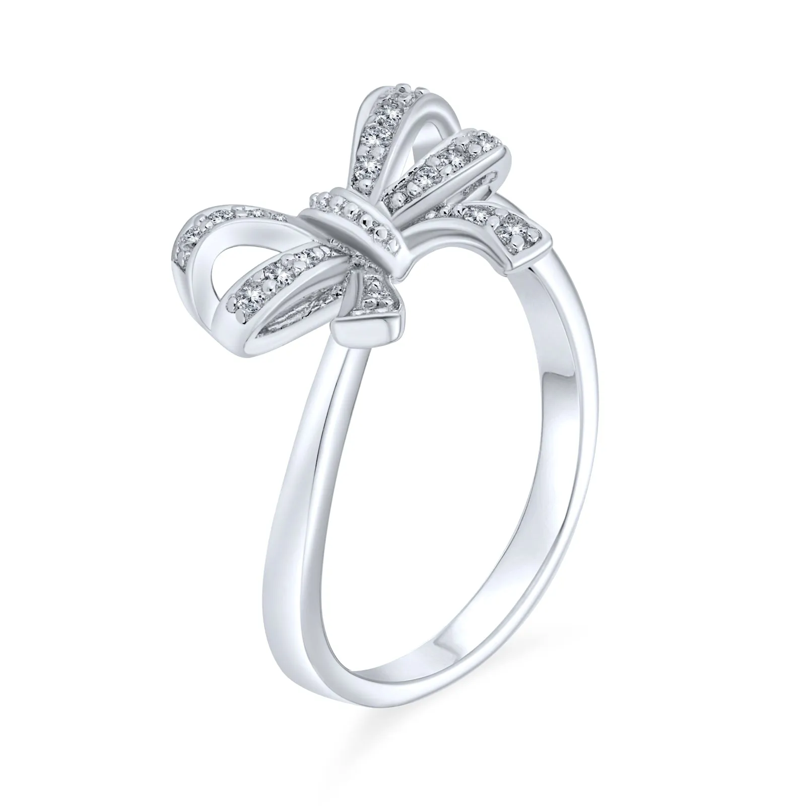 Vintage Style Bridal Pave CZ Ribbon Bow Ring .925 Sterling Silver