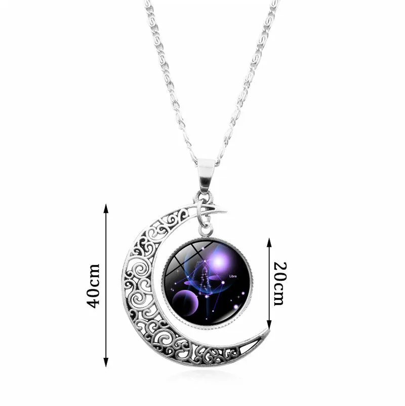 Wholesale 12 Constellations Crescent Time Gem Moon Necklaces